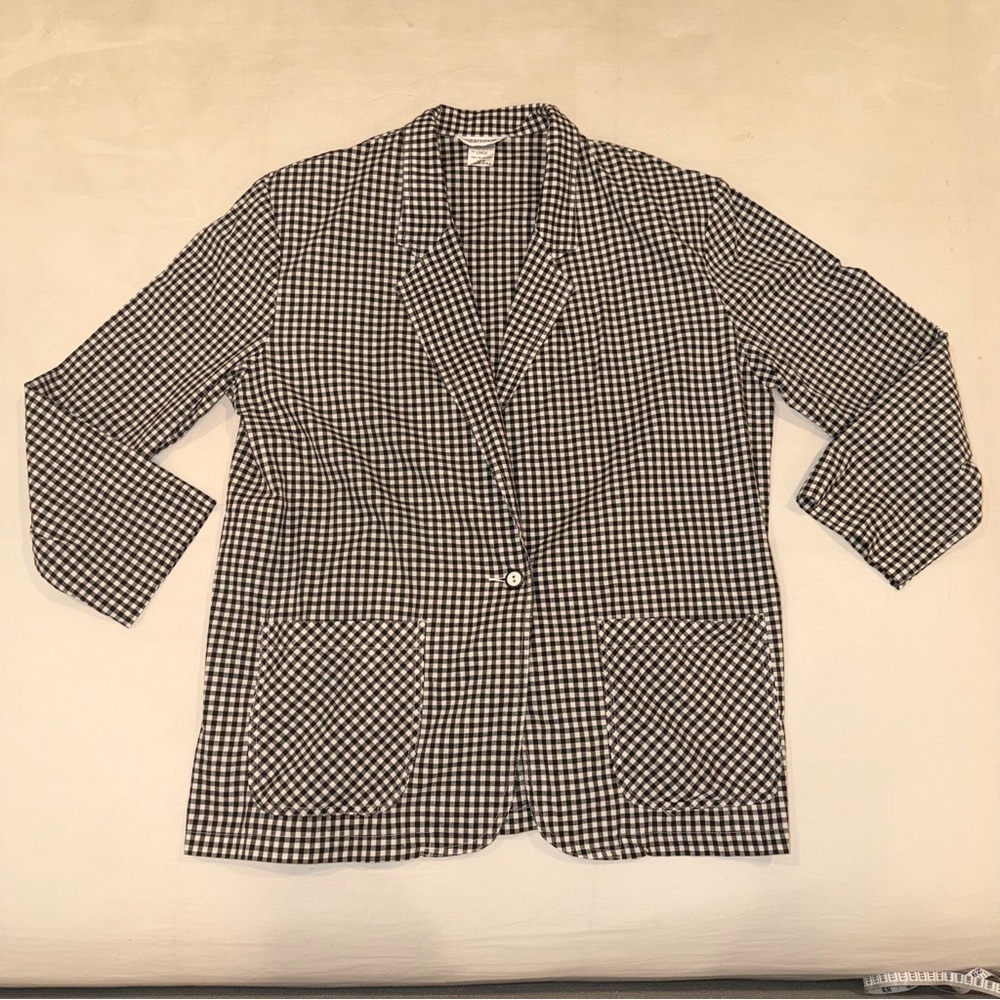 Black White Gingham Blazer Womens L Lightweight Checkered Jacket Casual Preppy